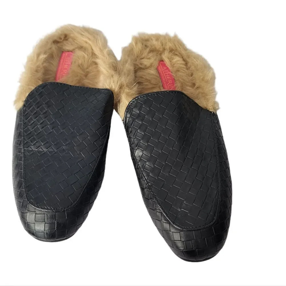 Catherine Malandrino Marja Faux Fur Woven Vegan Leather Mules 7.5